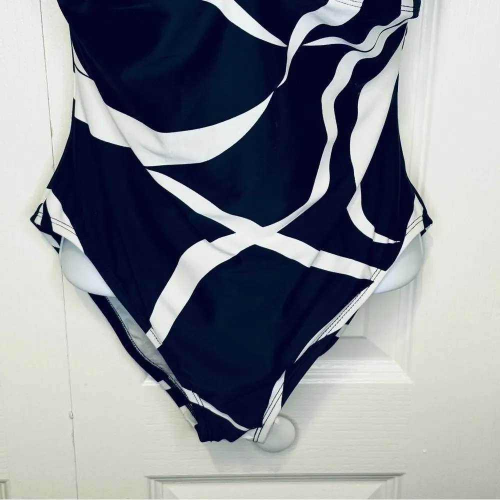 Anne Klein One Piece Abstract Bathing Suit Swimwear Size 10 Black White
